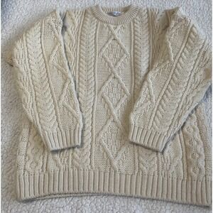 Vintage 100% Wool Cable Knit Sweater Mens Medium Cream Handmade Fisherman